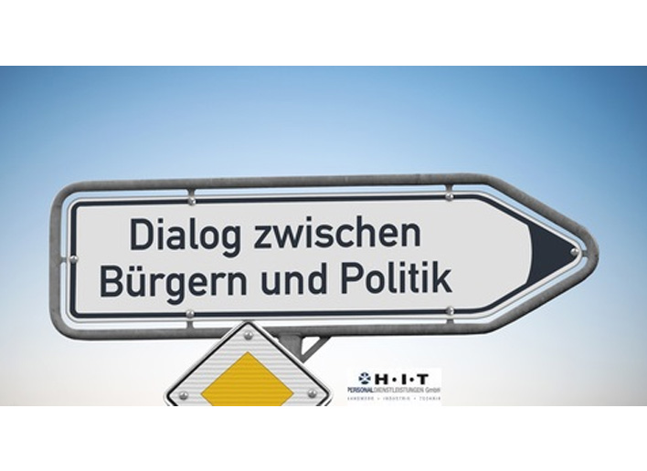 Schild mit der Aufschrift Dialog zwischen Buergern und Politik als Visualisierung für das Thema Überlassungshöchstdauer für Zeitarbeitnehmer